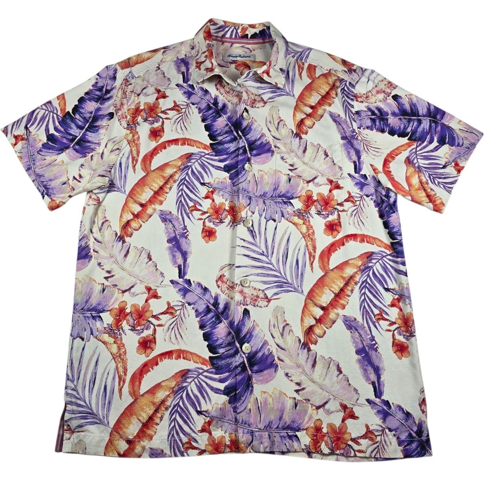 Tommy Bahama Cream Purple Floral Fronds 100% Silk Hawaiian Camp Shirt Men's Sz M